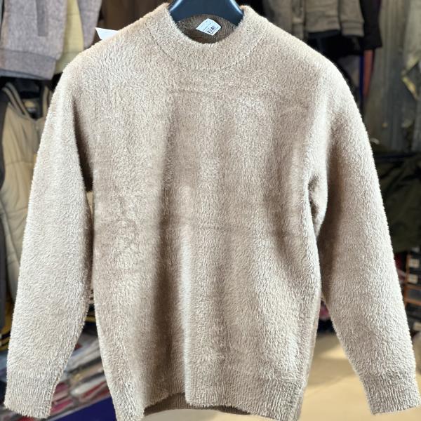 Beige Fuzzy Knit Crewneck Sweater