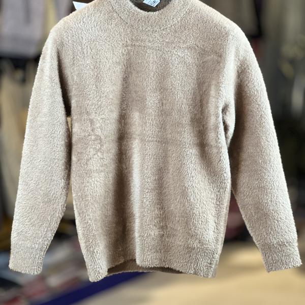 Beige Fuzzy Knit Crewneck Sweater