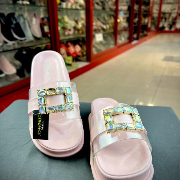 Crystal Buckle Transparent Platform Slides